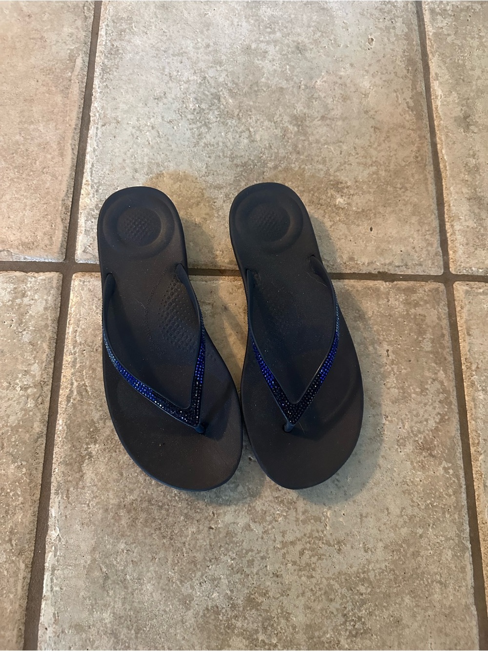 Fitflop Black Flip Flops with Blue Beaded Straps
